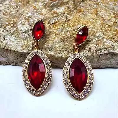 Signed 90's Monet Rhinestone Earrings Pierced Red Gold Tone Prom Costume Fashion • $22