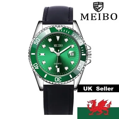 Gents Green Face Mercedes Hands Magnified Date Black Genuine Leather Strap Watch • £9.99