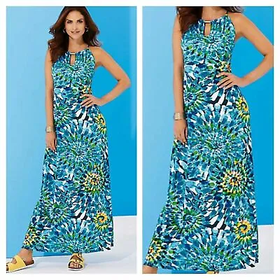 Kaleidoscope Size 10 Blue Multi Print Maxi DRESS Holiday Spring Summer £45 • £16.99