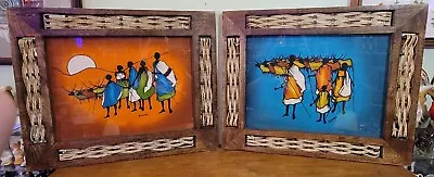 Mid Century Vintage Batik Art X2 Pair Fabric Paintings Woven Wood Frames Large • $125