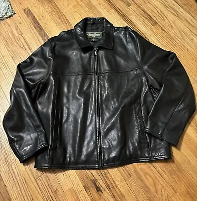 EDDIE BAUER Men’s Full Zip Collared Black Genuine Leather Jacket Size XL EUC! • $44.99