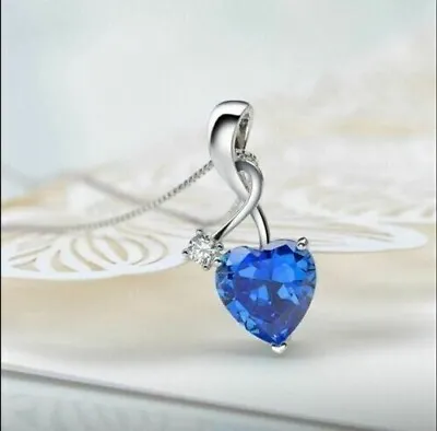 1Ct Man Made Lab Created Heart Cut Blue Sapphire Heart Pendant White Gold Plated • $104.99