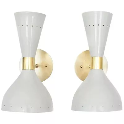 2 White Brass Design Wall Scone Modern Vanity Light Mid Century Light Fixture • $312.80