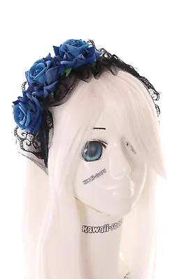 C-41-2 Blue Roses Headband Lace Vampire Headdress Gothic Lolita Larp Flowers • £8.86