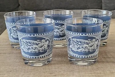 5~Vintage  Currier & Ives Blue & White 6oz Old Fashion Rock Low Ball Glasses • $16