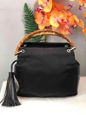 Vintage GUCCI Black Canvas W. Patent Leather Bamboo Handle Handbag Purse • $179.99