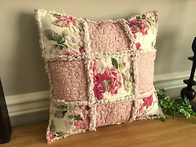 NEW! RAG QUILT PATCHWORK TOSS PILLOW Made W/ LAURA ASHLEY Pink *LIDIA* Roses Fab • $38.99