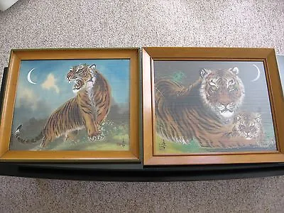 Vintage Asian Tigers Painted On Silk 1950's Pair!  Signed! • $149.95