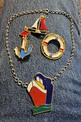 Vtg Set Gold Tone Red Blue & White Enamel Brooches Pins Necklace Nautical Sail • $45