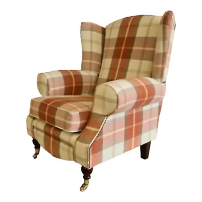 Wing Back Queen Anne Arm Chair In Balmoral Orange Rust & Cream Tartan Fabric  • £479