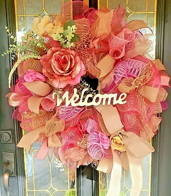 Spring Wreath Large Pink Burlap Front Door Wall Cottagecore Farmhouse Decor • $59.99