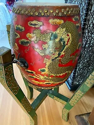 Vintage Dragon Drum FENG SHUI Good Fortune RED Unique Positive Home Decor • $488