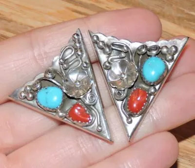 VTG Sterling Silver Coral Turquoise Floral Cowboy Collar Tips Screw Back Western • $199.99