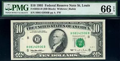 1995 $10 St Louis Federal Reserve Note FRN • 2032-H • PMG 66 EPQ • $49.95