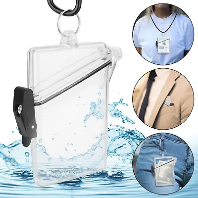 Waterproof ID Badge Holder Clear Hard Plastic Card Case Slim Lanyard Protector • $8.48