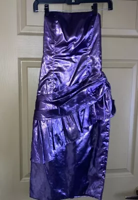 Vintage 80s Loralie Strapless Purple Lame Foil Ruched Sheath Dress 4 Minty • $49.99