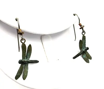 Vintage Cavin Richie Green Bronze Dragonfly Dangle Earrings • $35