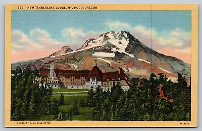 New Timberline Lodge Mt Hood Oregon Linen Postcard Photo Paul Callicotte Teich • $4.95