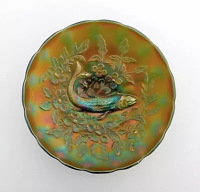 Millersburg Green Carnival Glass 8 1/2  Ice Cream Trout And Fly Bowl • $300