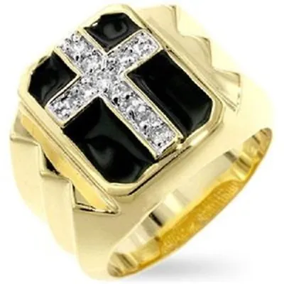 $38.99 • Buy 18K GOLD EP DIAMOND SIMULATED ROUND CUT MENS CROSS RING Size 7 -14 You Choose 