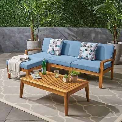 Outdoor Acacia Wood 3 Seater Sectional Sofa Set With Ottoman • $556.65