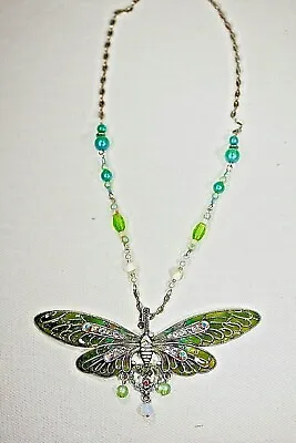 Plique A Jour Necklace Green Butterfly Stained Glass Enamel Jewelry Crystals7041 • $29.99