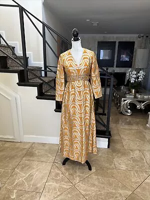 Marigold Orange Gold Silver Op Art Brocade 60s Jeweled Empire Waist Gown Size S • $150