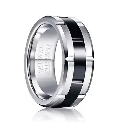 8MM Tungsten Carbide Steel Ring Black Groove Polished Beveled Edge Frosted Ring • $24.99