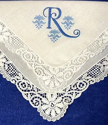 GORGEOUS Vtg Blue On White Lace Monogram  R  Bridal Wedding Handkerchief*#17 • $14.95