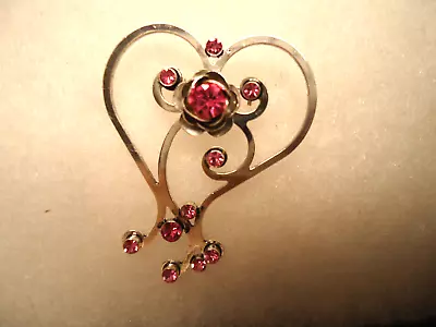 Vtg Nos Silvgfer Tone Filigree Pink Rhinestone Heart Pin • $1