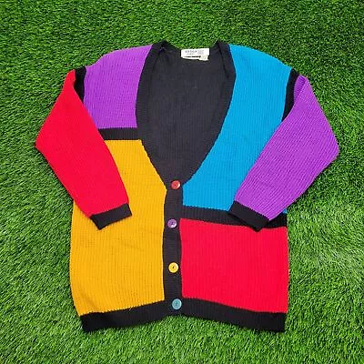 Vintage 90s Colorful Rainbow Knitted Cardigan Womens S 20x26 Primary-Colors Cozy • $48.50