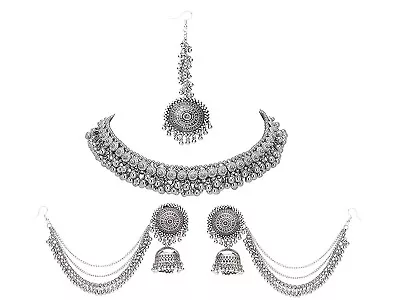 $17.69 • Buy Afghani Silver Indian Bollywood Oxidized Jewelry Tikka Necklace Jhumka Earrings