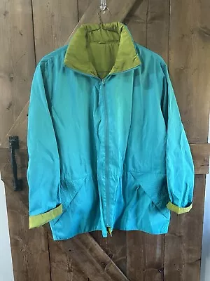 MYCRA PAC NOW Sz 2 M/L Green/Blue Reversible Zip Raincoat Hidden Hood (2D) • $41.75