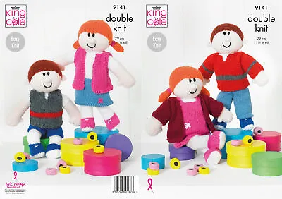 King Cole DK Toys Knitting Pattern Easy Knit Boy & Girl Rag Dolls 2 Outfits 9141 • £4.99