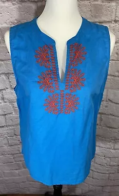 J CREW Womens 12 Blue Embroidered Tank Top Linen Blend Shirt 9385 • $17