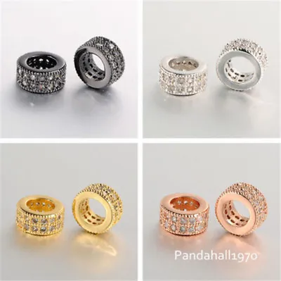 2pc Jewelry Brass Micro Pave Cubic Zirconia European Large Hole Ring Beads 8x4mm • $6.75
