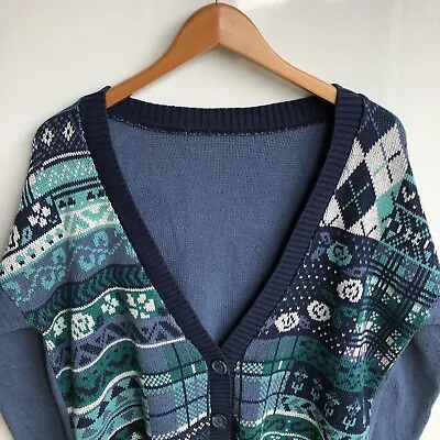 Women's Vintage Fair Isle Argyle Pattern Knit Cardigan Blue-Grey Large V-Neck • £22