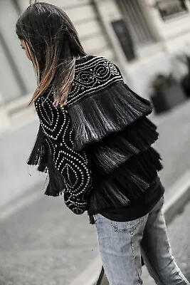 A520 Zara Woman Black Velvet Blazer Fringed Studded Kimono Jacket Coat - S • $169.99