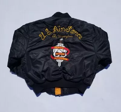 Vintage MA-1 Flight Jacket Black USAF Bomber Patches Customized Stitching XL • $134.50