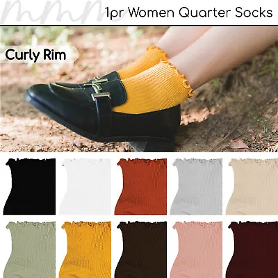 1pr Women Socks Quarter Curly Rim Ruffle Frilly Solid Plain Colour Retro Fancy • $5.89