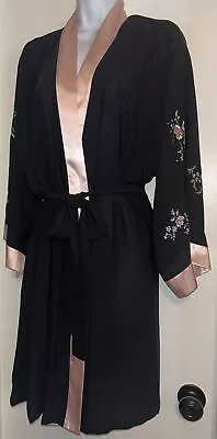 Oscar De La Renta Pink Label Kimono Robe Vintage XL Black Pink Embroidered EUC • $34.99