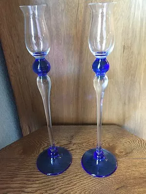 Santi Murano Pair Cobalt Candlesticks Venice Never Used 12.5  Tall Hand Blown • $150