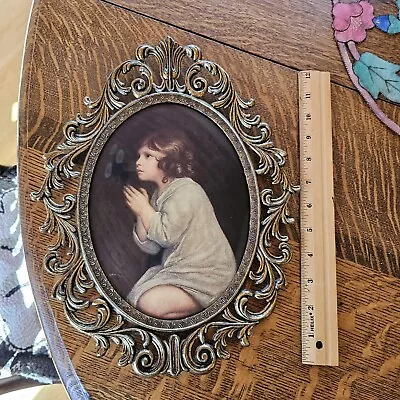 Ornate Oval Picture Frame Metal Convex Glass Little Girl Praying Vintage Samuel • $35