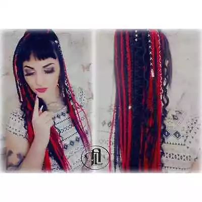 Red Rave Ponytail VikingBlack Elements Accents Feathers Box Braids Cosplay Anime • $94.44