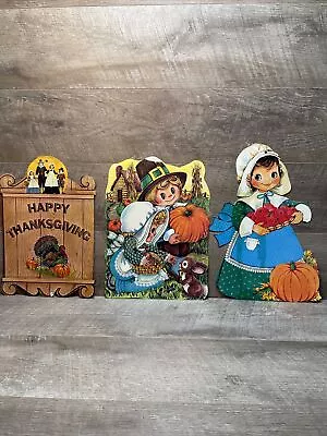 Vintage Thanksgiving Die Cut Holiday Wall Decorations Lot Of 3 Pilgrims Pumpkins • $8