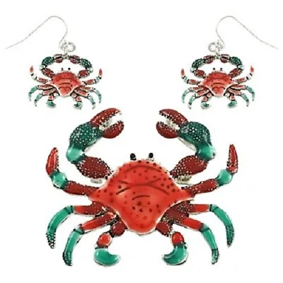 Crab Pendant SET Necklace Earrings Sea Shell Sand Enamel Beach Jewelry BLUE RED • $12.99