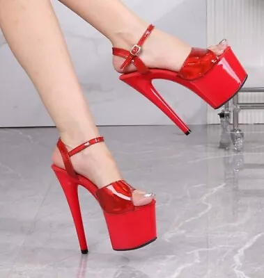 Stripper Lap Dancer XXL High Stiletto Platform Red Pleaser Peep Toe Patent Sz 8 • £29.99