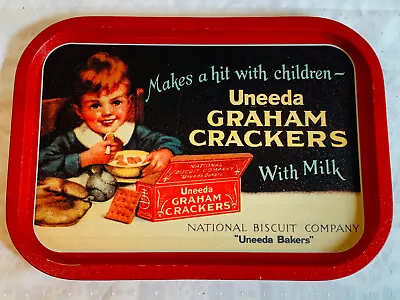 Vintage Uneeda GRAHAM CRACKERS With MILK National Biscuit Co Metal Tray 16x11” • $23.99