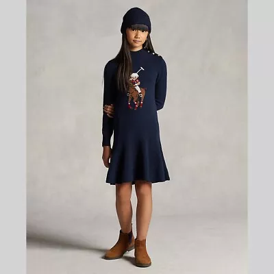 £60 • Buy Polo Ralph Lauren – Knited Polo Bear & Big Pony Sweater Dress – Size M 8-9 Years