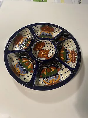Talavera 7 Pc Mexican Pottery Chip &Dip Serving Dish /Blue Green & Yellow Floral • $49.99